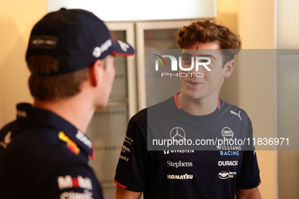 Max Verstappen of Red Bull Racing and Franco Colapinto of Williams ahead of the Formula 1 Austrian Grand Prix at Yas Marina Circuit in Abu D...