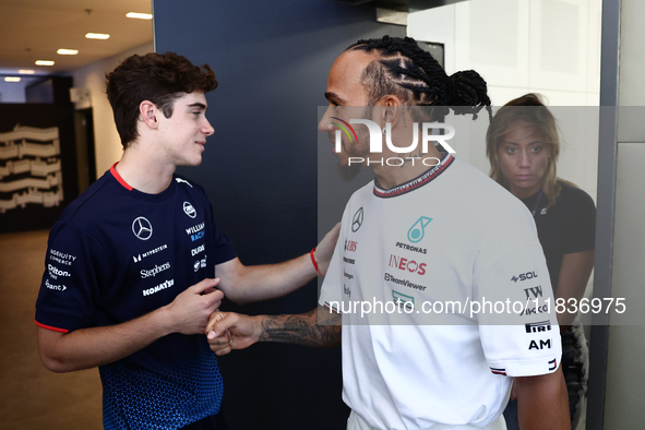 Franco Colapinto of Williams and Lewis Hamilton of Mercedes ahead of the Formula 1 Austrian Grand Prix at Yas Marina Circuit in Abu Dhabi, U...