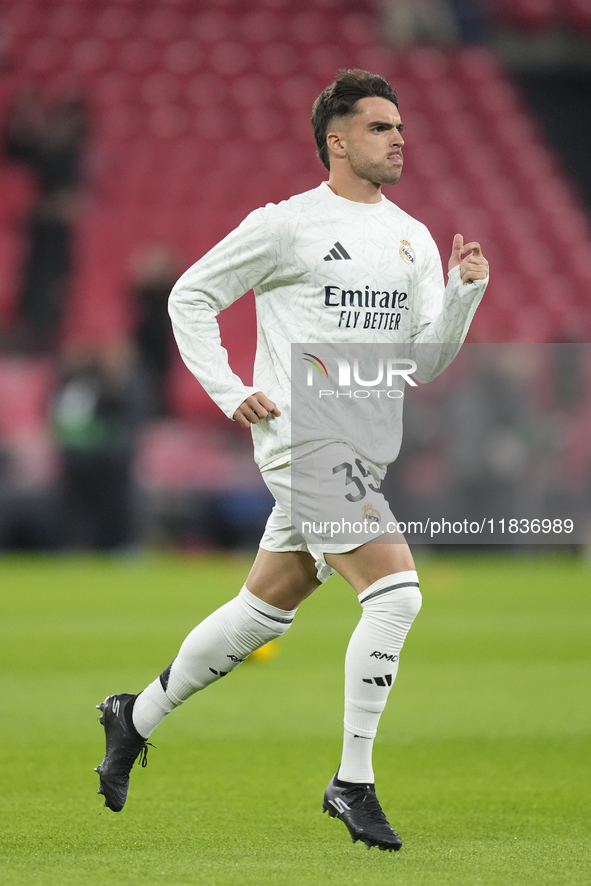 Raul Asencio centre-back of Real Madrid and Spain during the warm-up before the La Liga match between Athletic Club and Real Madrid CF at Es...