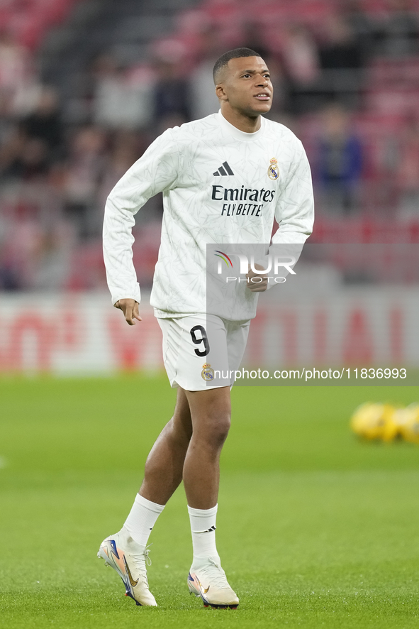 Kylian Mbappe centre-forward of Real Madrid and France during the warm-up before the La Liga match between Athletic Club and Real Madrid CF...