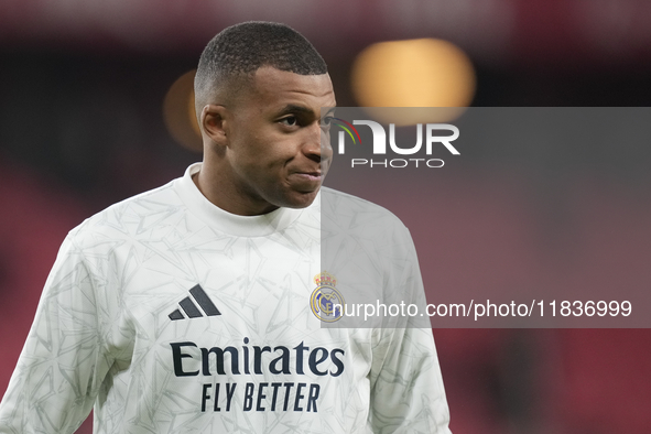 Kylian Mbappe centre-forward of Real Madrid and France during the warm-up before the La Liga match between Athletic Club and Real Madrid CF...