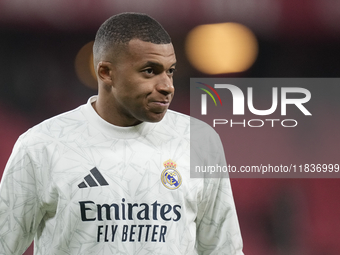 Kylian Mbappe centre-forward of Real Madrid and France during the warm-up before the La Liga match between Athletic Club and Real Madrid CF...