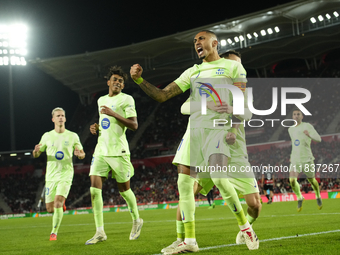 Raphinha right winger of Barcelona and Brazil celebrates after scoring his sides first goal during the La Liga match between RCD Mallorca an...