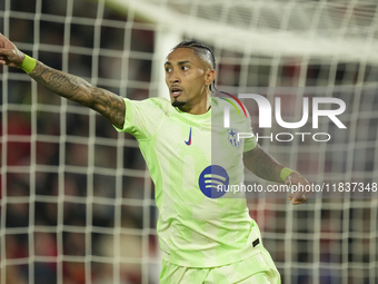 Raphinha right winger of Barcelona and Brazil celebrates after scoring his sides second goal during the La Liga match between RCD Mallorca a...