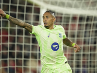 Raphinha right winger of Barcelona and Brazil celebrates after scoring his sides second goal during the La Liga match between RCD Mallorca a...