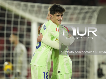 Pau Victor centre-forward of Barcelona and Spain celebrates after scoring his sides first goal during the La Liga match between RCD Mallorca...