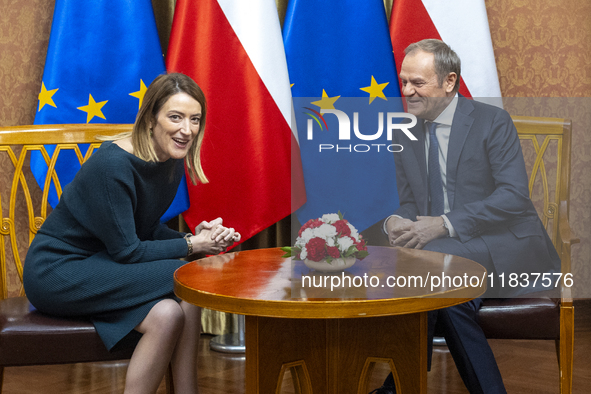 President of the European Parliament Roberta Metsola and Prime Minister Donald Tusk talk during the visit of the Conference of Presidents of...