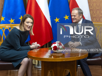 President of the European Parliament Roberta Metsola and Prime Minister Donald Tusk talk during the visit of the Conference of Presidents of...