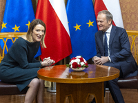 President of the European Parliament Roberta Metsola and Prime Minister Donald Tusk talk during the visit of the Conference of Presidents of...