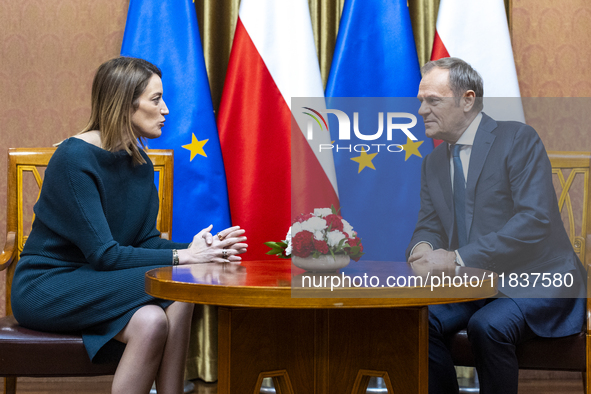 President of the European Parliament Roberta Metsola and Prime Minister Donald Tusk talk during the visit of the Conference of Presidents of...