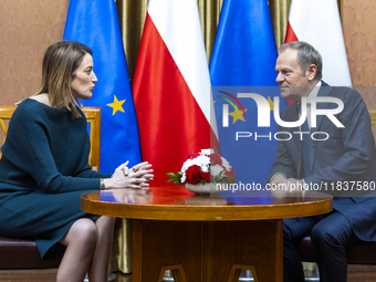 President of the European Parliament Roberta Metsola and Prime Minister Donald Tusk talk during the visit of the Conference of Presidents of...