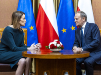 President of the European Parliament Roberta Metsola and Prime Minister Donald Tusk talk during the visit of the Conference of Presidents of...