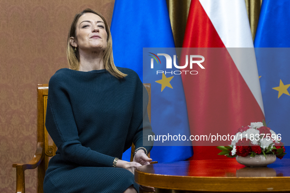 President of the European Parliament Roberta Metsola during a meeting with Prime Minister Donald Tusk, in Warsaw, Poland, on December 5, 202...