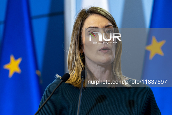 President of the European Parliament Roberta Metsola during a statement to the press after the meeting of the Conference of Presidents of th...