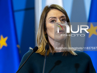 President of the European Parliament Roberta Metsola during a statement to the press after the meeting of the Conference of Presidents of th...