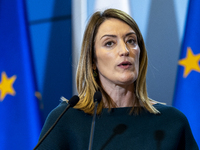 President of the European Parliament Roberta Metsola during a statement to the press after the meeting of the Conference of Presidents of th...