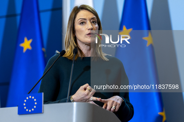 President of the European Parliament Roberta Metsola during a statement to the press after the meeting of the Conference of Presidents of th...