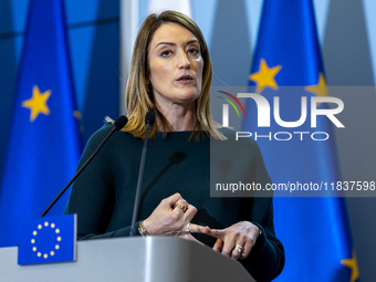 President of the European Parliament Roberta Metsola during a statement to the press after the meeting of the Conference of Presidents of th...