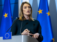 President of the European Parliament Roberta Metsola during a statement to the press after the meeting of the Conference of Presidents of th...