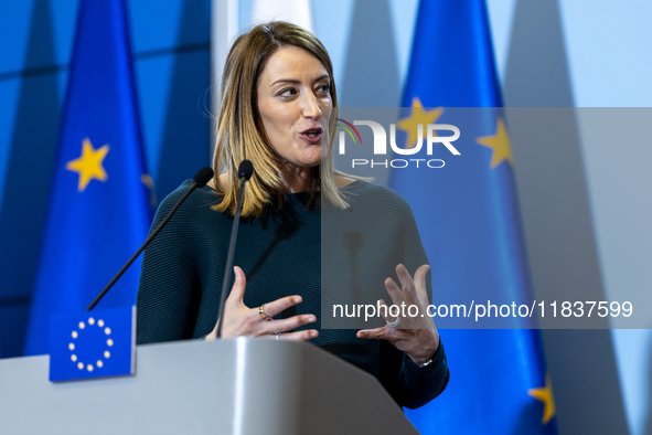 President of the European Parliament Roberta Metsola during a statement to the press after the meeting of the Conference of Presidents of th...