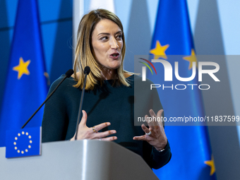 President of the European Parliament Roberta Metsola during a statement to the press after the meeting of the Conference of Presidents of th...