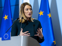 President of the European Parliament Roberta Metsola during a statement to the press after the meeting of the Conference of Presidents of th...