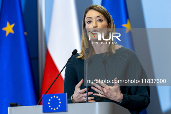 President of the European Parliament Roberta Metsola during a statement to the press after the meeting of the Conference of Presidents of th...