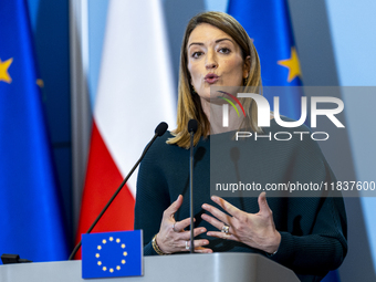 President of the European Parliament Roberta Metsola during a statement to the press after the meeting of the Conference of Presidents of th...