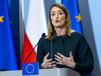 President of the European Parliament Roberta Metsola during a statement to the press after the meeting of the Conference of Presidents of th...