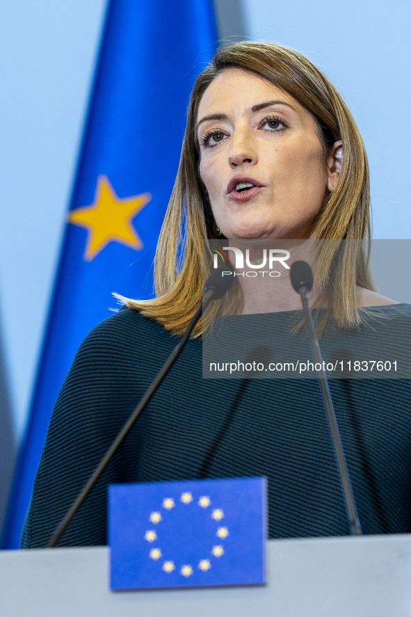 President of the European Parliament Roberta Metsola during a statement to the press after the meeting of the Conference of Presidents of th...