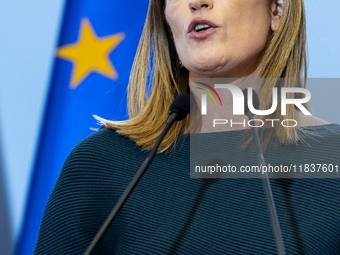 President of the European Parliament Roberta Metsola during a statement to the press after the meeting of the Conference of Presidents of th...