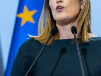 President of the European Parliament Roberta Metsola during a statement to the press after the meeting of the Conference of Presidents of th...