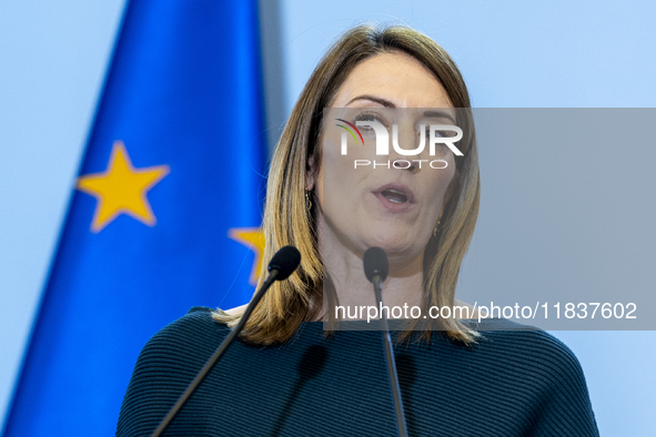 President of the European Parliament Roberta Metsola during a statement to the press after the meeting of the Conference of Presidents of th...