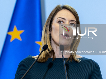 President of the European Parliament Roberta Metsola during a statement to the press after the meeting of the Conference of Presidents of th...