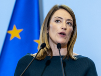 President of the European Parliament Roberta Metsola during a statement to the press after the meeting of the Conference of Presidents of th...