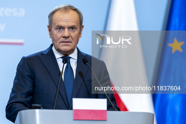 Prime Minister Donald Tusk speaking to the press after a meeting with the President of the European Parliament Roberta Metsola and the Confe...