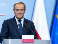 Prime Minister Donald Tusk speaking to the press after a meeting with the President of the European Parliament Roberta Metsola and the Confe...