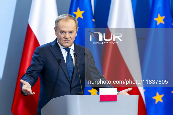 Prime Minister Donald Tusk speaking to the press after a meeting with the President of the European Parliament Roberta Metsola and the Confe...