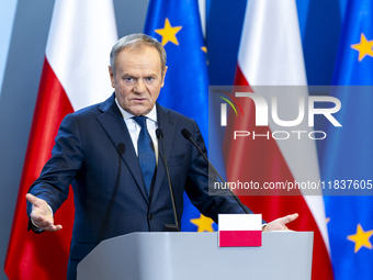 Prime Minister Donald Tusk speaking to the press after a meeting with the President of the European Parliament Roberta Metsola and the Confe...