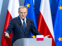 Prime Minister Donald Tusk speaking to the press after a meeting with the President of the European Parliament Roberta Metsola and the Confe...