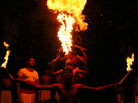 Angampora students perform their skills using fire in Eheliyagoda, Sri Lanka, on December 5, 2024. Angampora is a 3,000-year-old martial art...