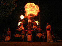 Angampora students perform their skills using fire in Eheliyagoda, Sri Lanka, on December 5, 2024. Angampora is a 3,000-year-old martial art...