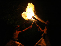 Angampora students perform their skills using fire and swords in Eheliyagoda, Sri Lanka, on December 5, 2024. Angampora is a 3,000-year-old...