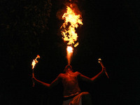 Angampora students perform their skills using fire in Eheliyagoda, Sri Lanka, on December 5, 2024. Angampora is a 3,000-year-old martial art...