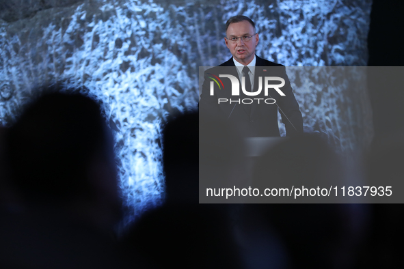 Polish President Andrzej Duda participates in the celebration of Saint Barbara's Day in the Salt Mine in Wieliczka, Poland, on December 2, 2...