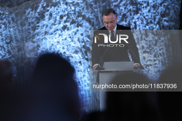 Polish President Andrzej Duda participates in the celebration of Saint Barbara's Day in the Salt Mine in Wieliczka, Poland, on December 2, 2...