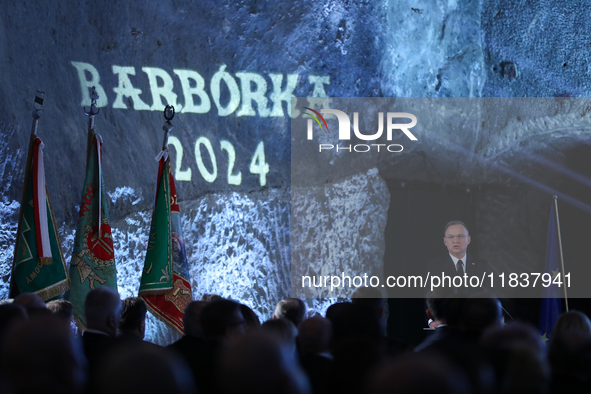 Polish President Andrzej Duda participates in the celebration of Saint Barbara's Day in the Salt Mine in Wieliczka, Poland, on December 2, 2...