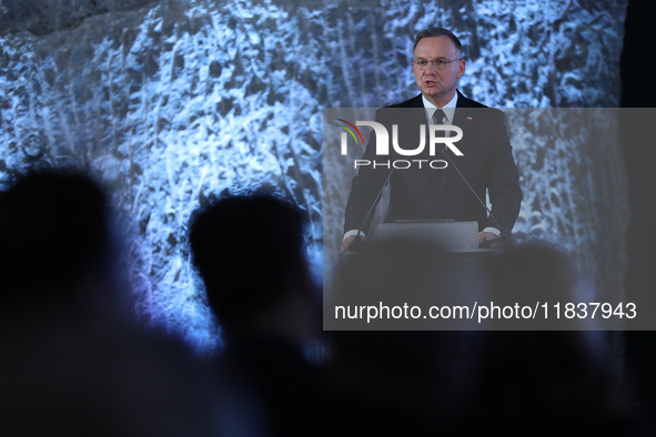 Polish President Andrzej Duda participates in the celebration of Saint Barbara's Day in the Salt Mine in Wieliczka, Poland, on December 2, 2...