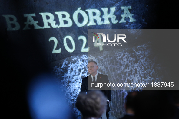 Polish President Andrzej Duda participates in the celebration of Saint Barbara's Day in the Salt Mine in Wieliczka, Poland, on December 2, 2...