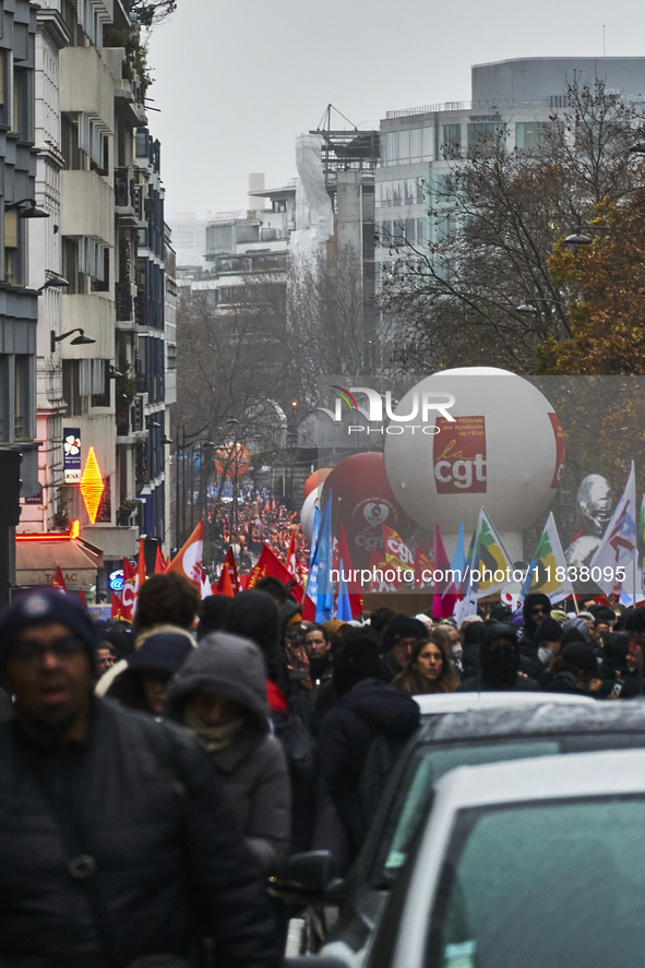 A procession of the demonstration takes place, in Paris, France, on december 05, 2024. ( Tony Linke/NurPhoto)